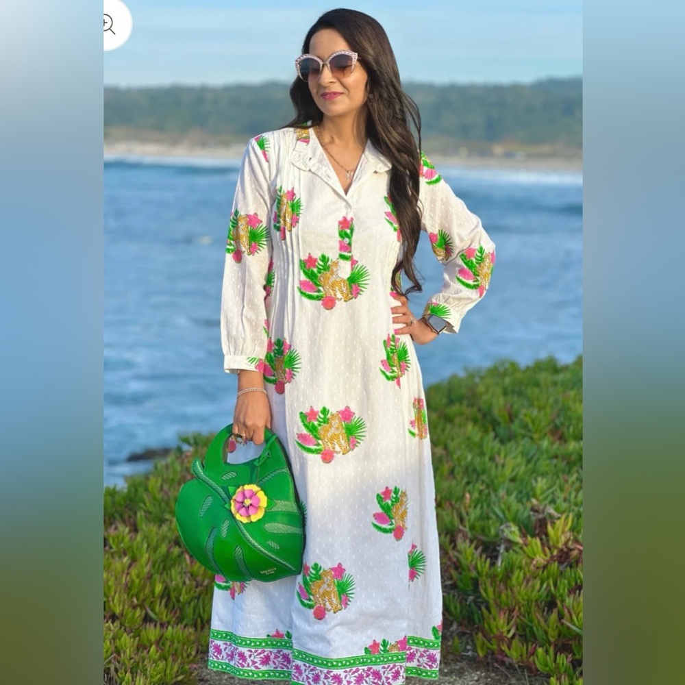 Brisara Floral White Maxi Dress with Green and Pink Accents size XL